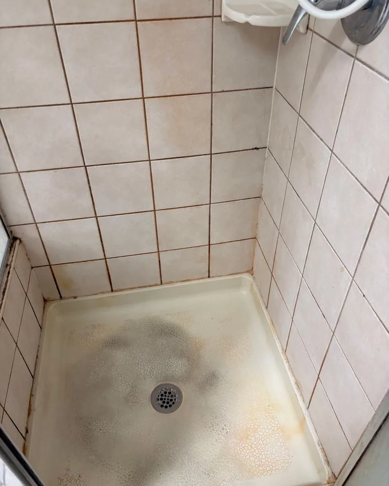 Shower pan before cleaning, with dark staining and rust-colored grout lines