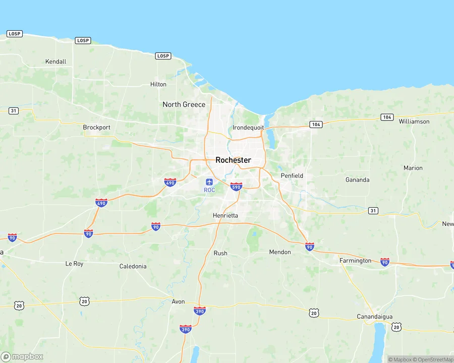 Map of Rochester and Monroe County, New York, along the Lake Ontario shore